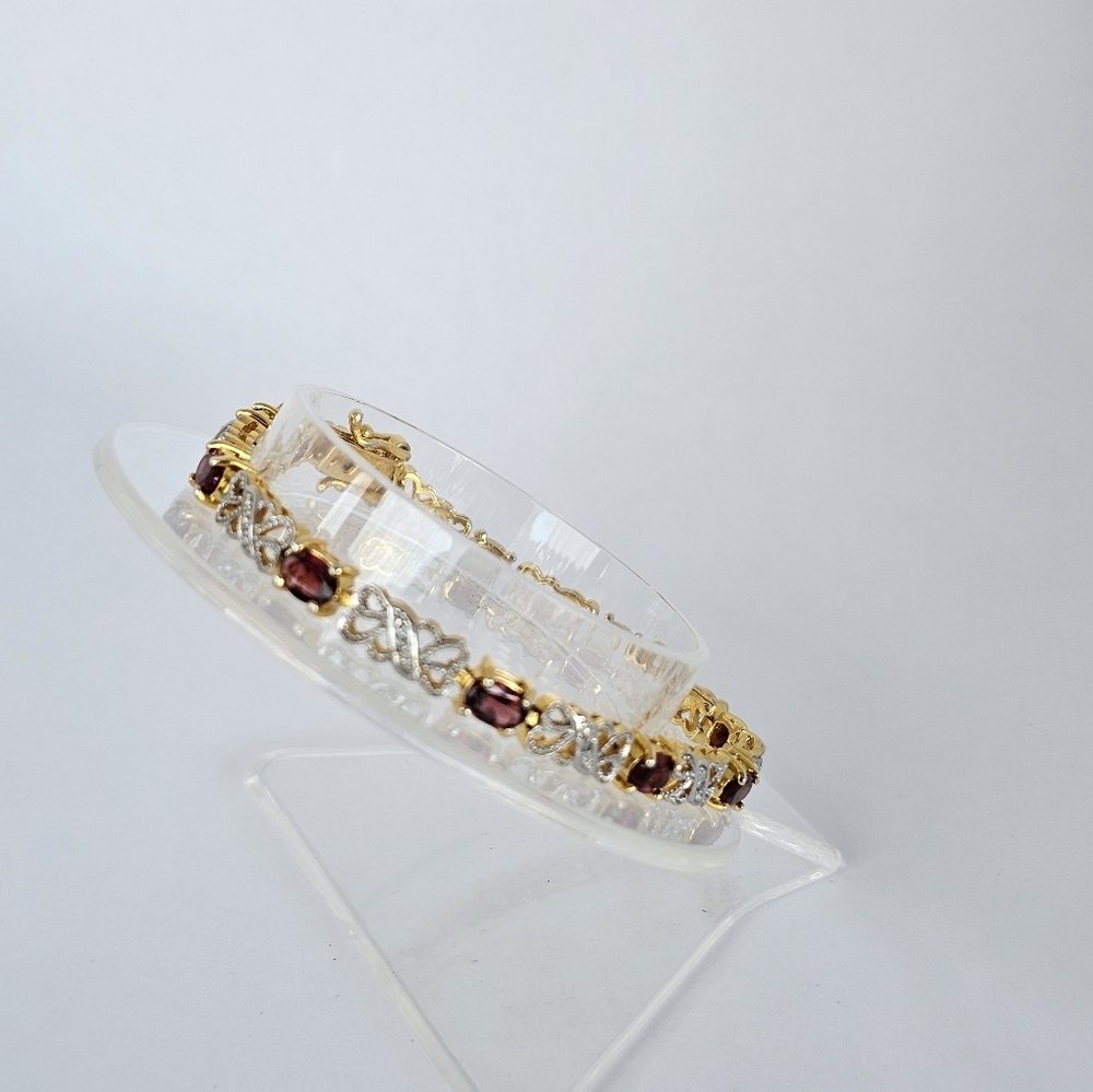 Beautiful Genuine Red Garnet & Diamond Tennis Bracelet 14K Vermeil. - Picture 4 of 6